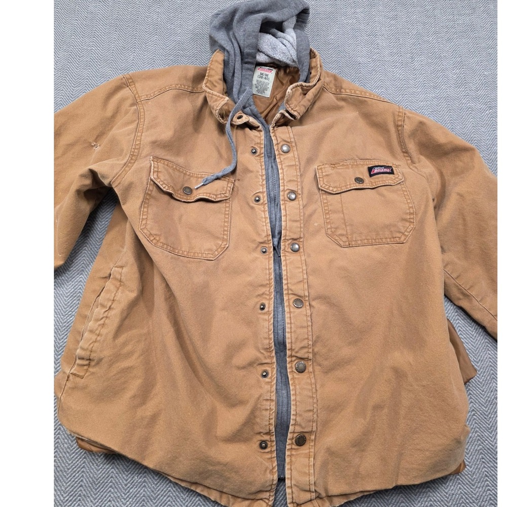 Genuine Dickies Mens Brown Canvas Hooded Shirt Jacket Quilted Lined Medium 38-40